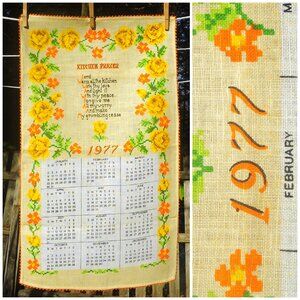 VTG 1977 Calendar Towel 'Kitchen Prayer' Faux Floral Cross Stitch Crochet Edge